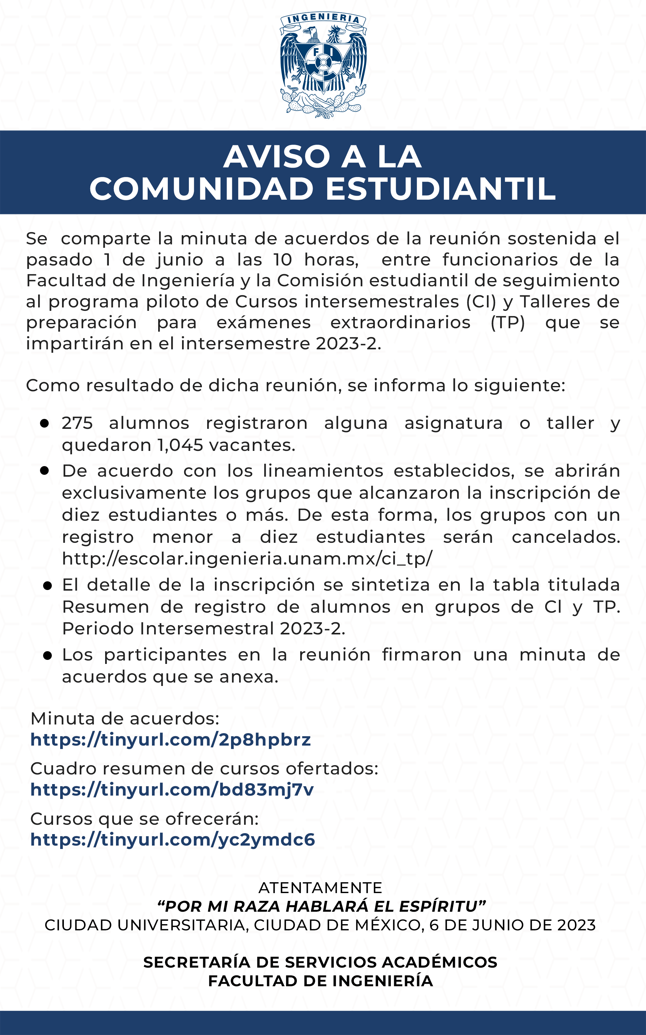Comunicado Acuerdos de la reunión del 1 de junio de 2023