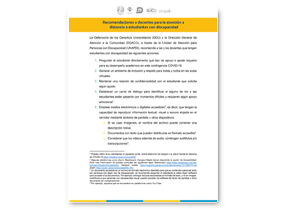 Recomendaciones a docentes para la atención a distancia a estudiantes con discapacidad