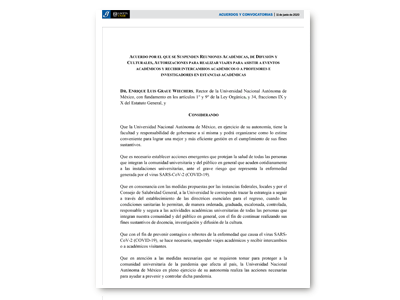 Acuerdo por el que se suspenden reuniones académicas, de difusión y culturales, así como estancias e intercambios académicos