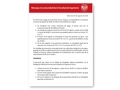 Mensaje 05/08/2020 Pago de quincena 15 por cheque