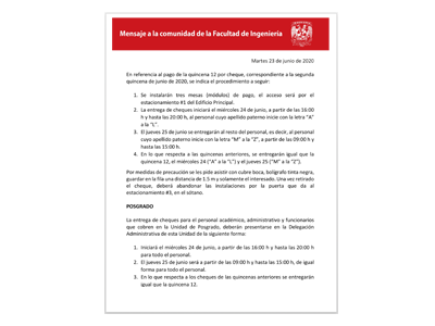 Mensaje 23/06/2020 Pago de quincena 12 por cheque
