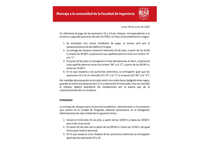 Mensaje 29/06/2020 Pago de quincenas 13 y 14 por cheque