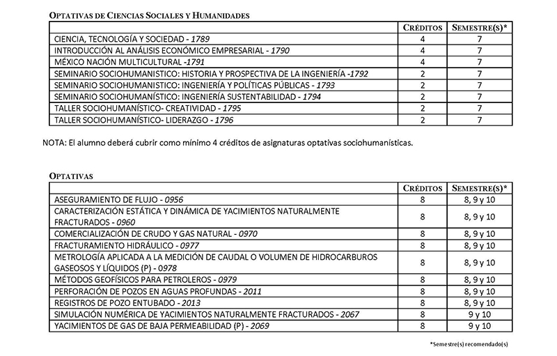 Asignaturas optativas Ingeniería Petrolera